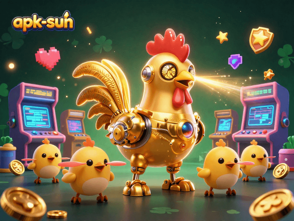Engage in thrilling gameplay with apk-sun, featuring retro-futuristic characters in a vibrant casino arcade.