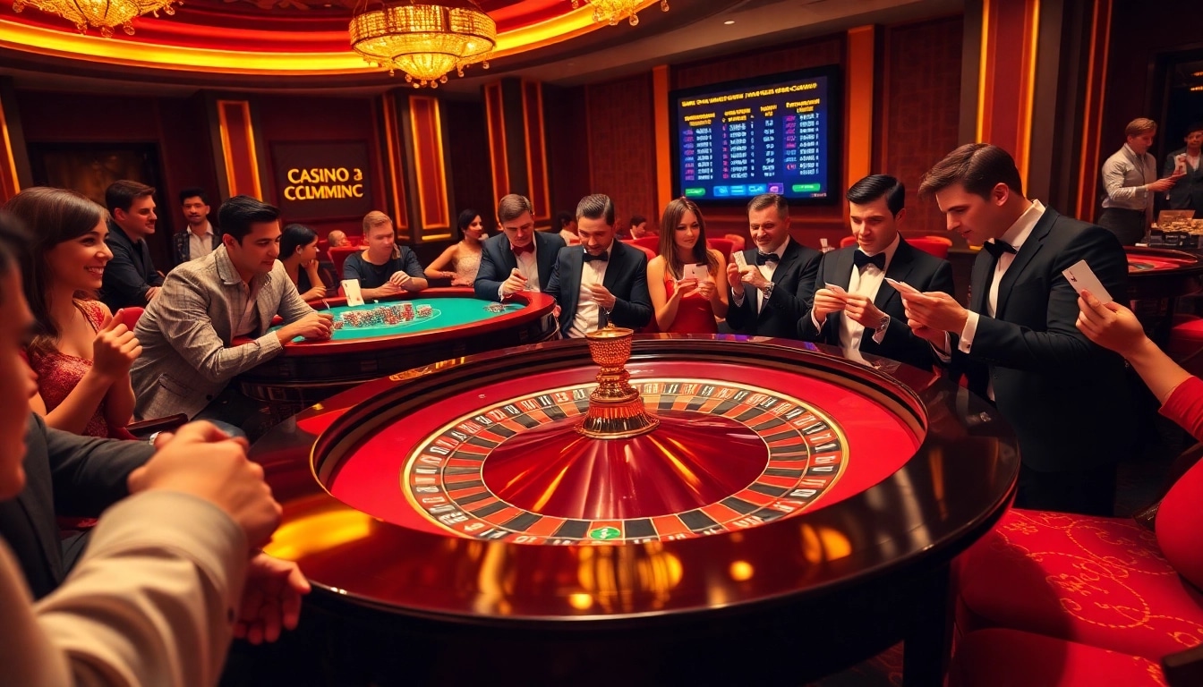 NoHu casino scene with players at a vibrant roulette table, showcasing excitement and professional gambling.