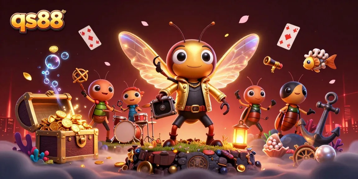 qs88 casino adventure with a cartoon rock star and vibrant treasure scene