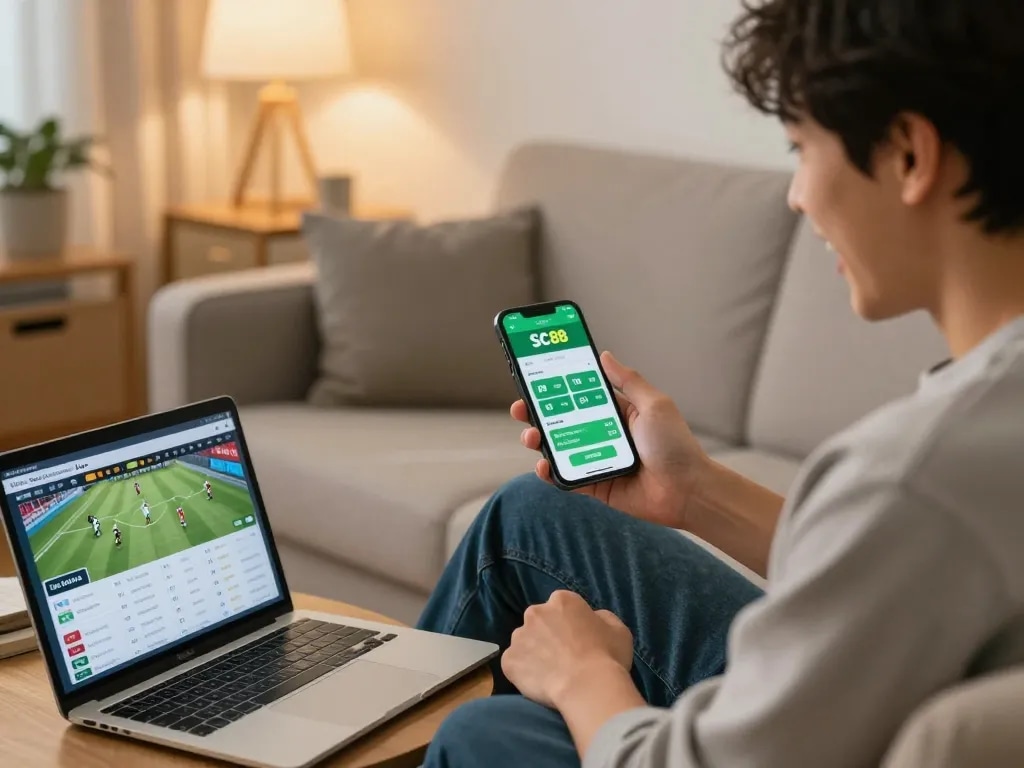 Engaging with SC88 app for live sports betting on a smartphone in a cozy home setup.