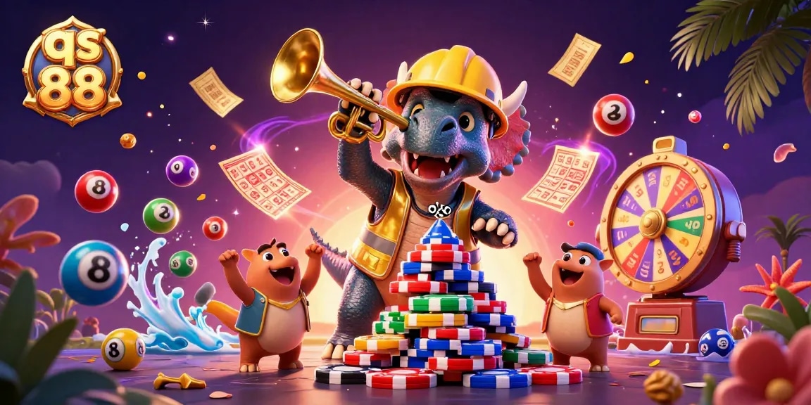 Experience exciting gameplay at qs 88 with vibrant casino characters and lively lottery elements in this dynamic illustration.