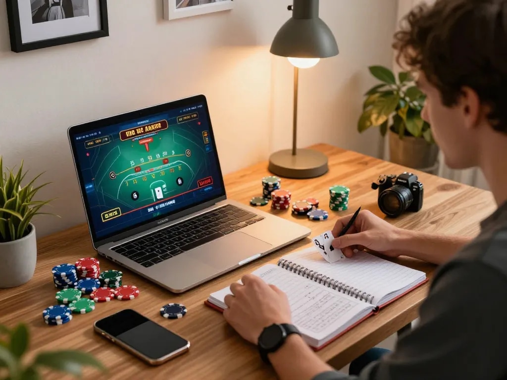 Player using Bsport app on laptop for strategic live blackjack gaming in cozy home