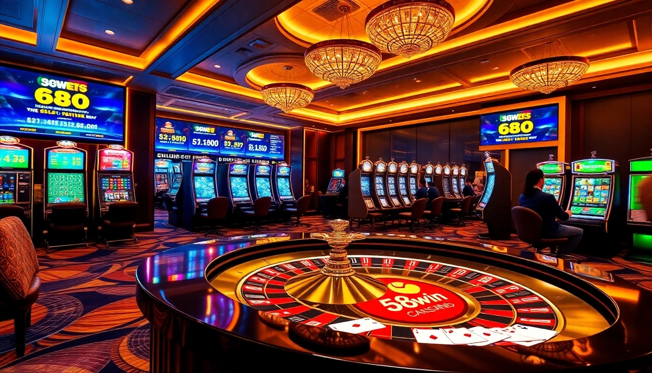 Experience the excitement of 58win with vibrant casino elements showcasing roulette, poker, and slots.