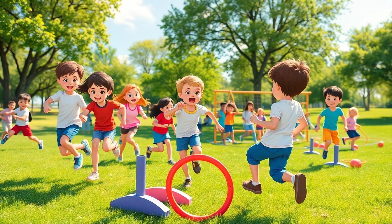 Jetzt Details ansehen: Kinder beim Spielen von Bewegungsspielen im Park aktiv und froehlich.