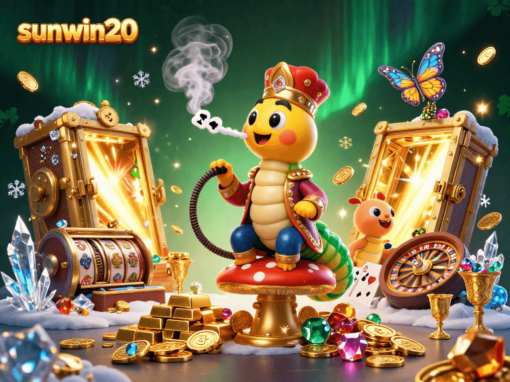 Experience the excitement of sunwin20 with vibrant casino elements and a whimsical caterpillar character.