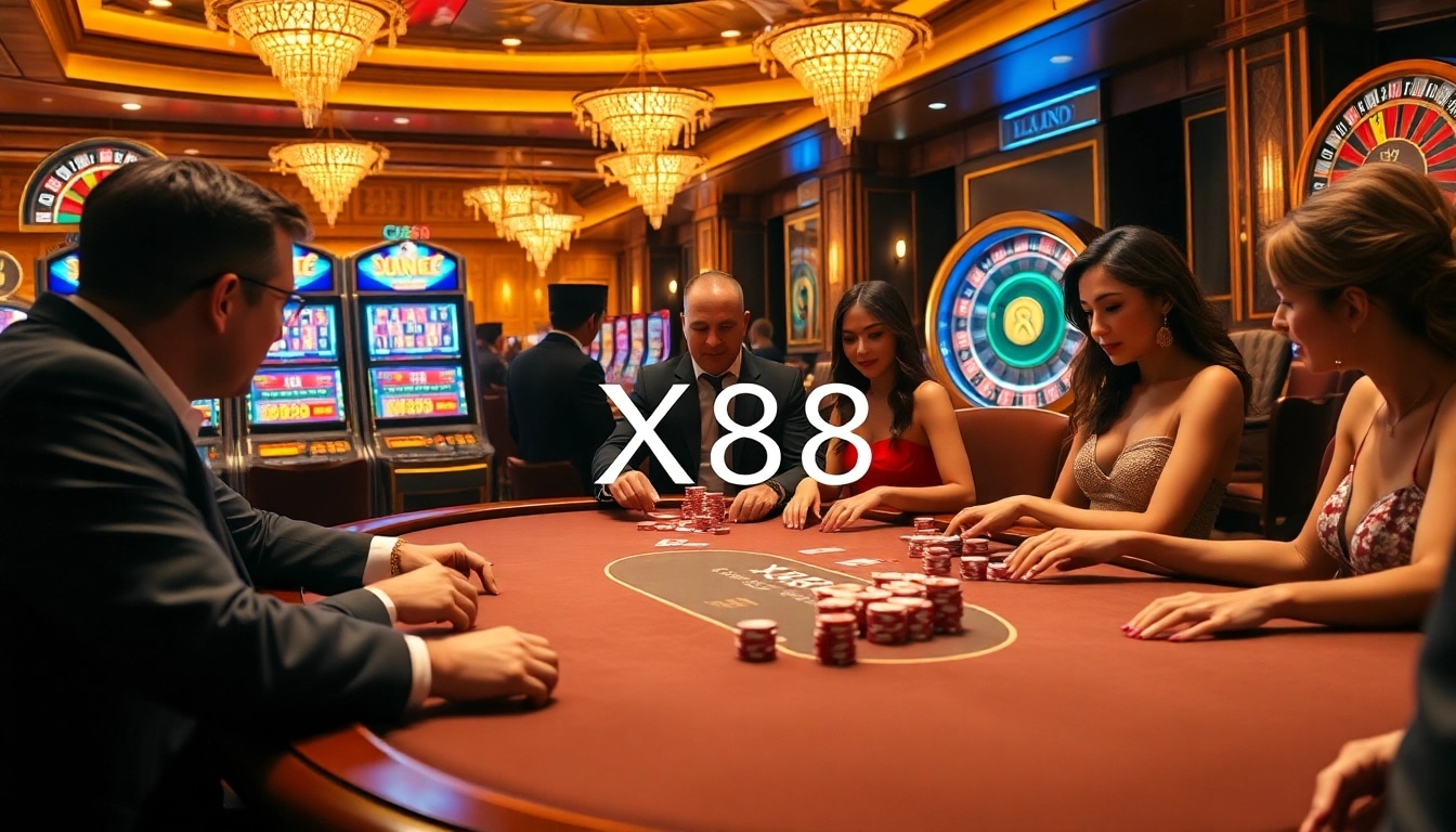 X88 casino excitement with players at a glamorous poker table amid vibrant gambling visuals.