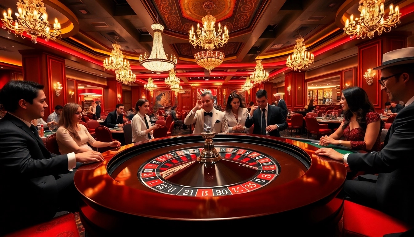 Die Aufregung des Spiels bei Golisimo Germany im Casino mit glücklichen Spielern und Roulette-Tisch.