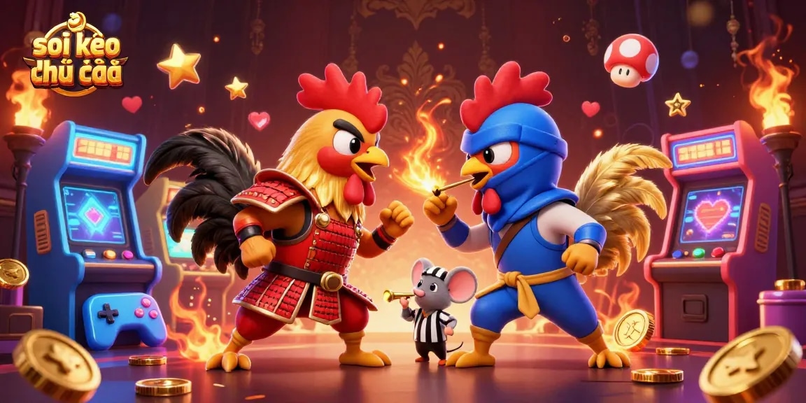 Engage in thrilling soi kèo nhà cái action as roosters clash amid neon arcade elements.