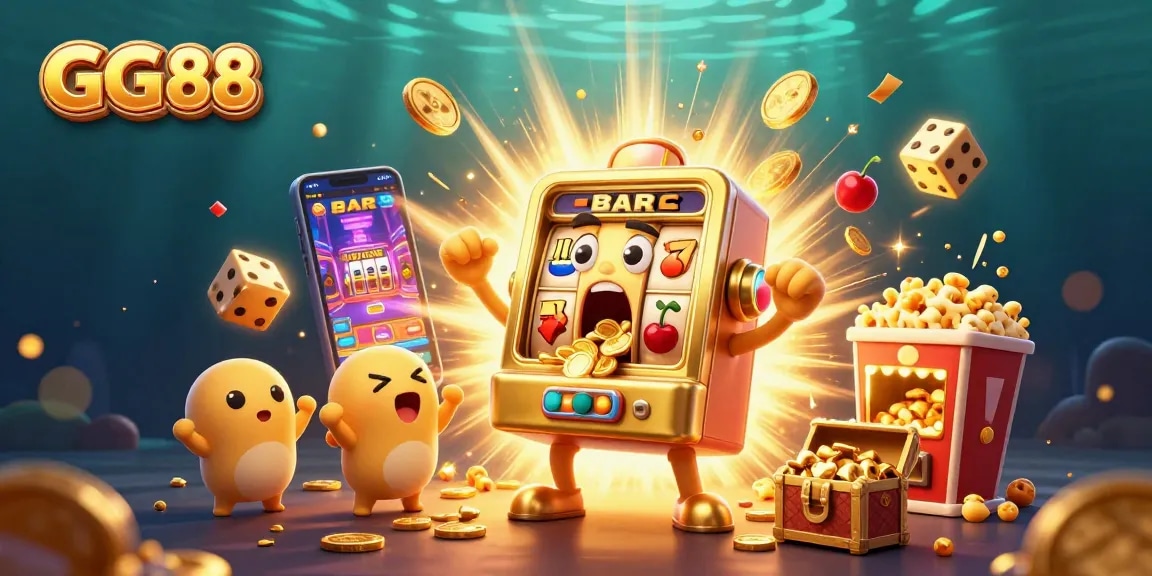 Experience the excitement of GG 88 with cartoon slot machines celebrating a jackpot win amidst cascading coins.