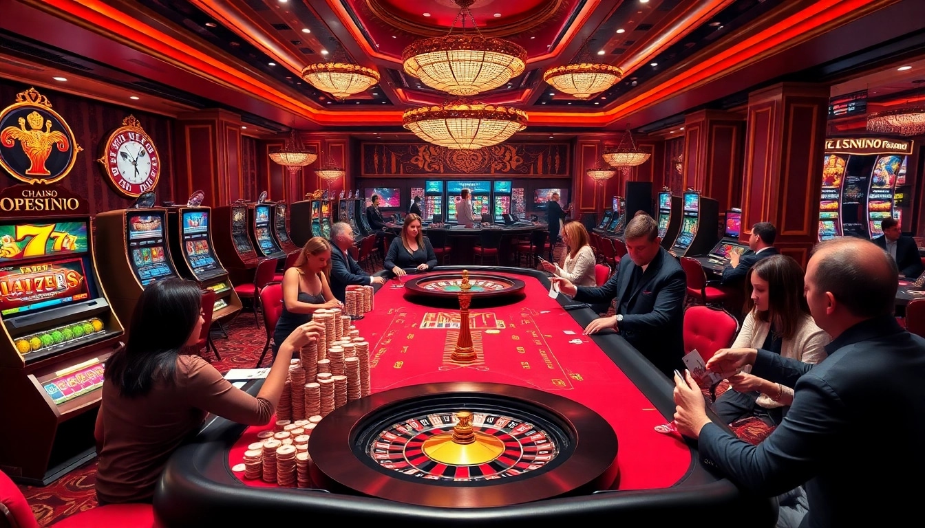 Players enjoying a game at 8day's luxurious online casino, vibrant tables and slot machines featured.