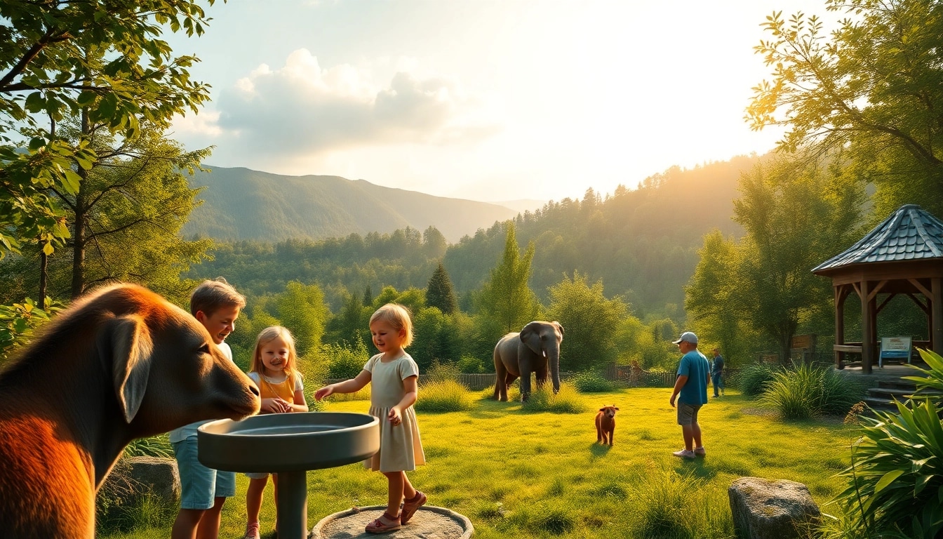 Experience a joyful family feeding animals at schwarze-berge.de, showcasing the wildlife park's vibrant atmosphere.