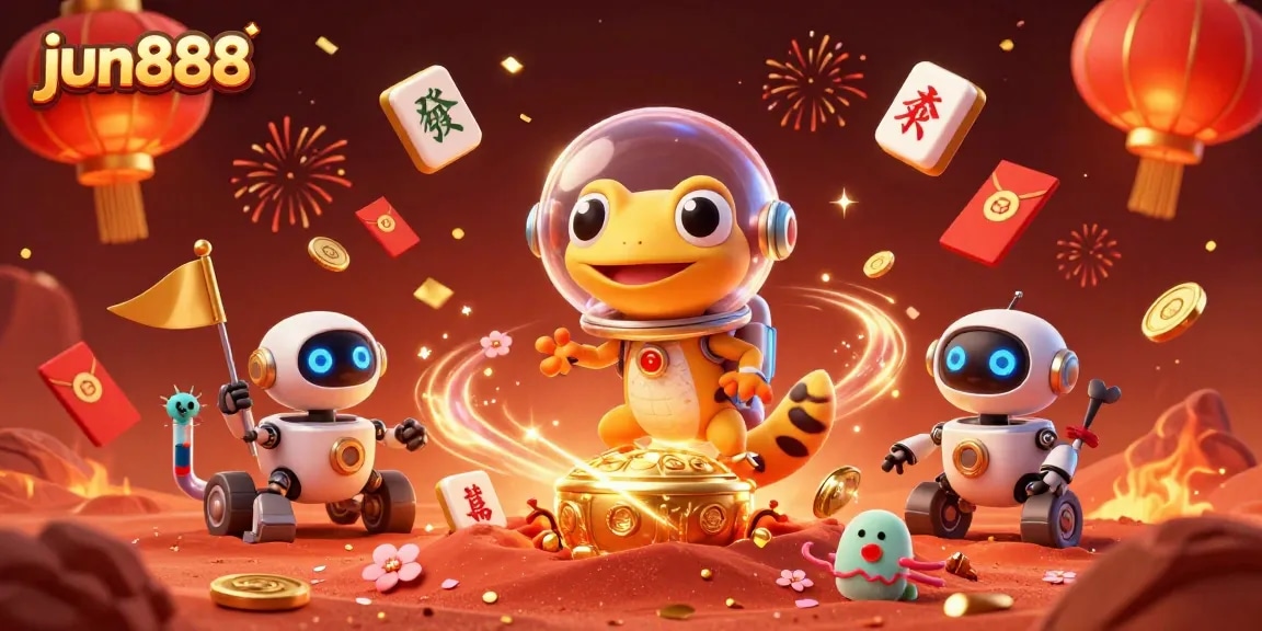 Experience the excitement of jun888 with a Martian gecko exploring a golden casino among dynamic casino elements.