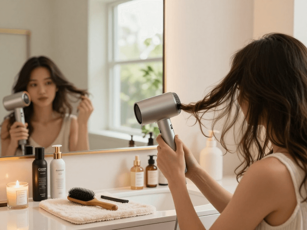 Sleek mini hair dryer in use by a professional woman in a chic bathroom, showcasing a stylish beauty routine.