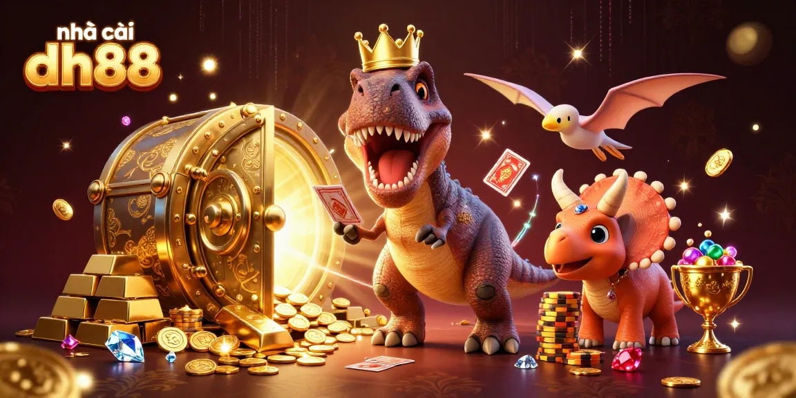Experience the excitement of nhà cái dh88 as T-Rex shuffles cards with friends among treasures and chips.