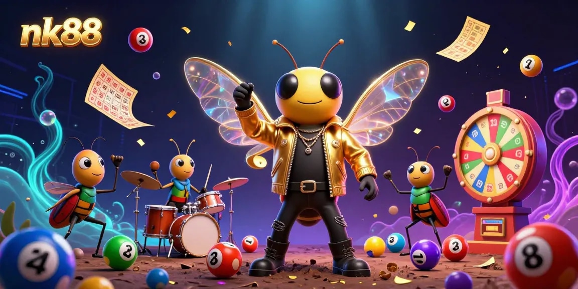 Engage with nk88's vibrant lottery scene featuring a 3D rock star and dynamic game elements.