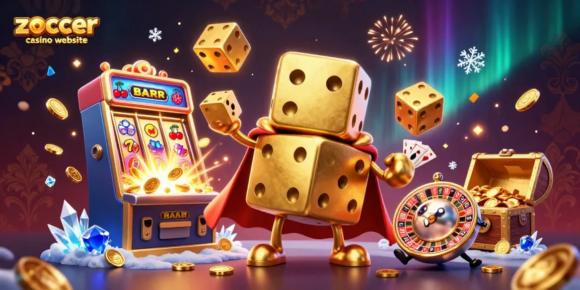 Zoccer-Casino-Website präsentiert eine spannende Casino-Illustration mit dynamischen Spielsymbolen.