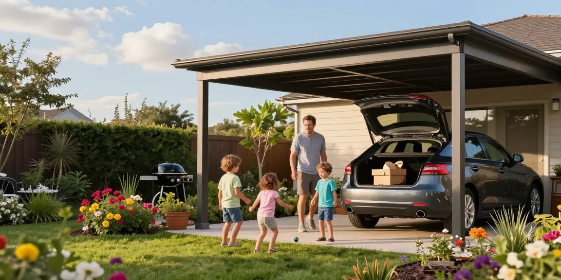 Ein moderner Carport schützt Fahrzeuge, während eine Familie im Garten entspannt.