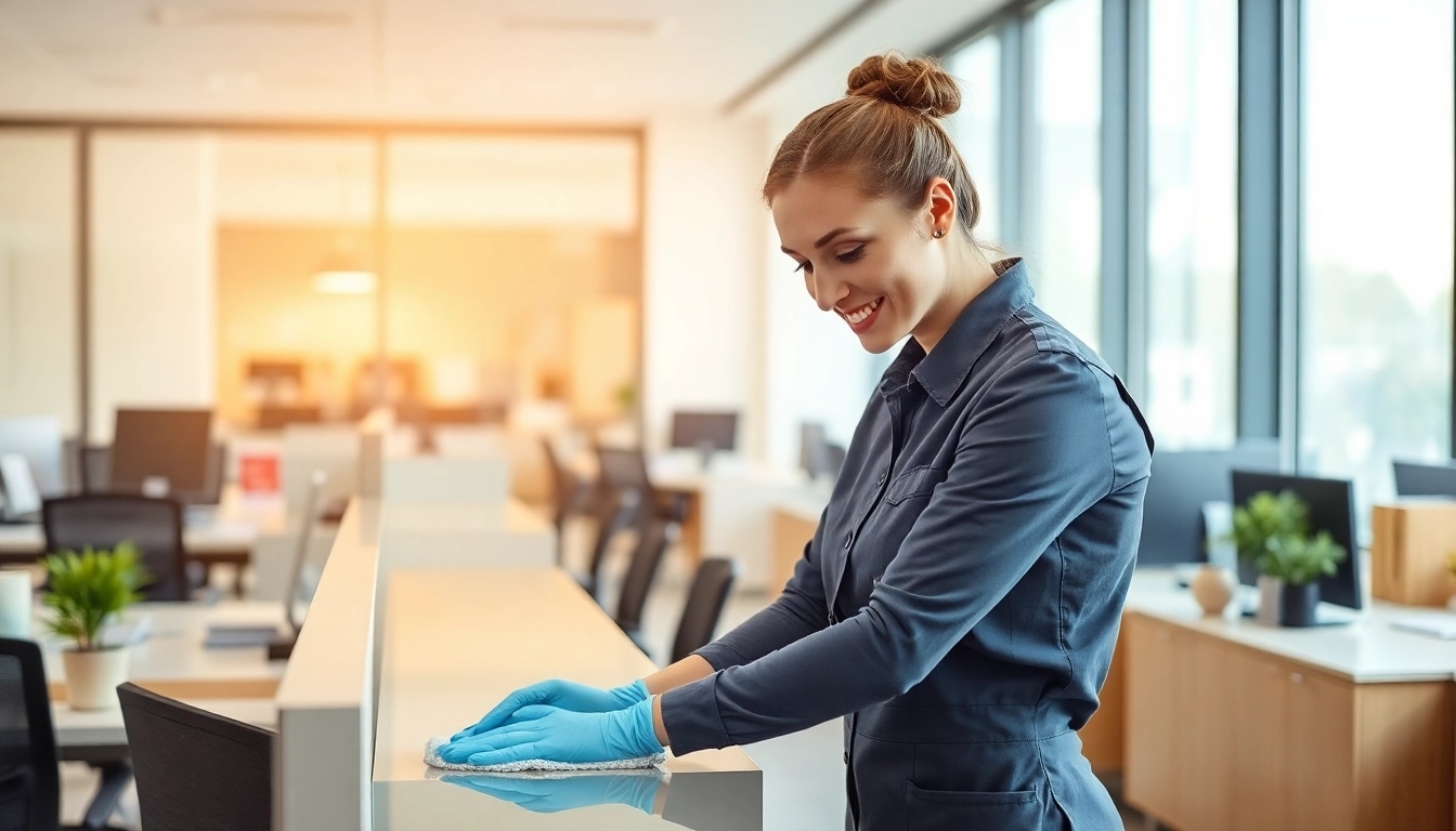 Professionelle Unterhaltsreinigung Münster: Reinigungskraft wischt Schreibtisch in modernem Büro.