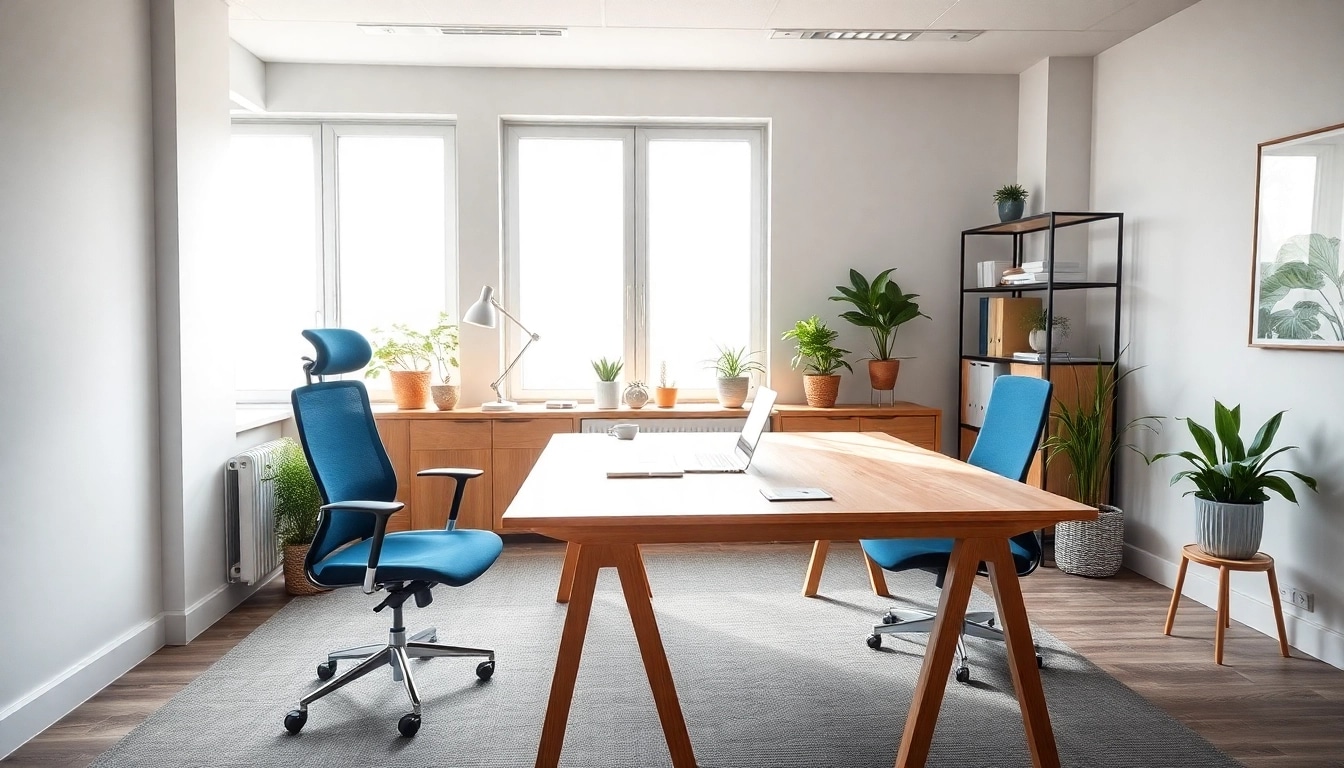 Moderne, ergonomische Büromöbel: eleganter Schreibtisch und stilvoller Bürostuhl in einem hellen Büro.
