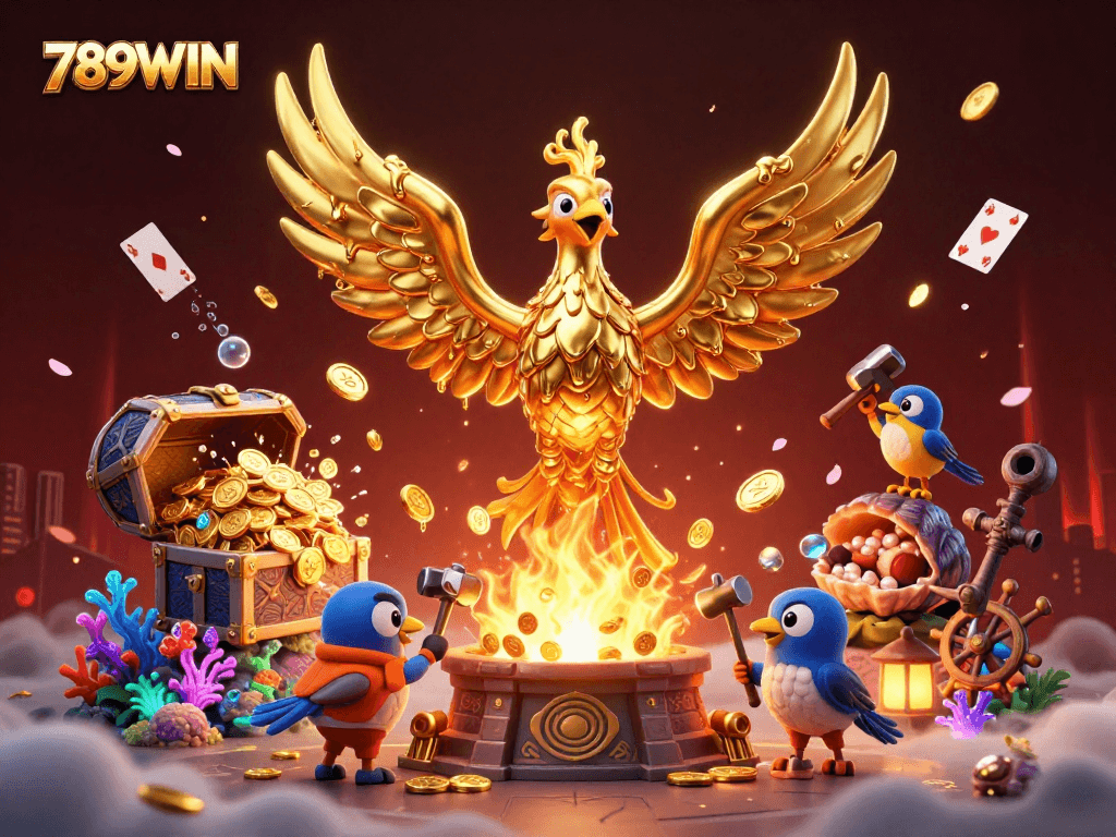 Experience the excitement of 789WIN with molten gold phoenix emerging from a treasure-filled undersea casino.