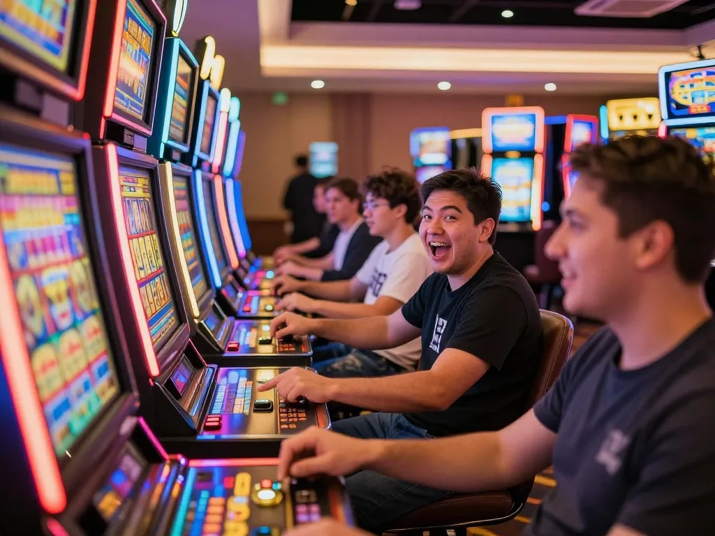 Play exciting slot gacor games at the vibrant casino floor, engaging players and colorful machines