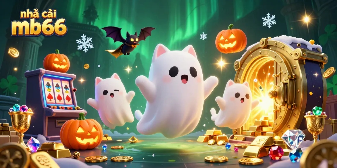 Experience thrilling slots action at nhà cái mb66 with a vibrant, haunted casino scene featuring playful characters and rich treasures.