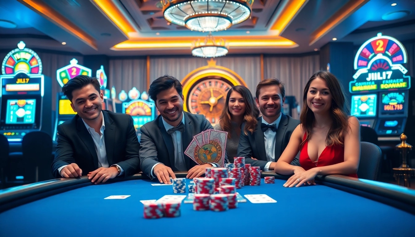 Players enjoy a thrilling game of JILI7 at an upscale casino table with vibrant slot machines and a roulette wheel.