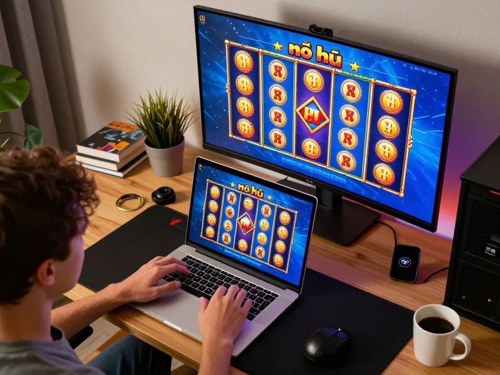Playing game nổ hũ online with vibrant interface on laptop, cozy home setup showcasing excitement.