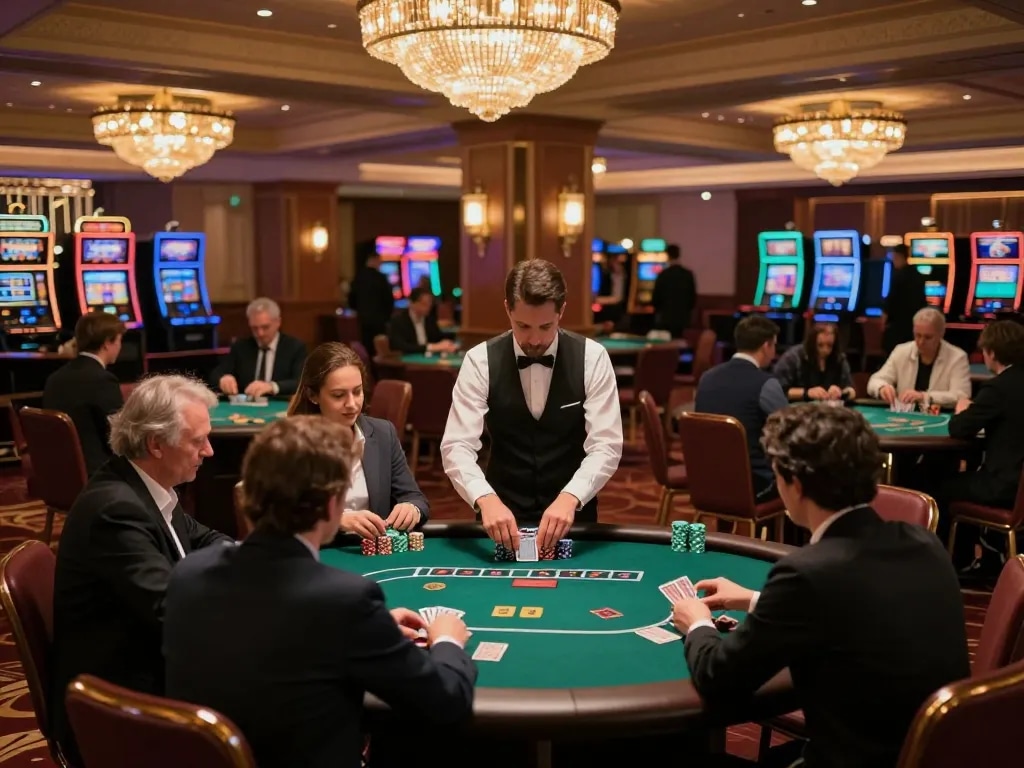Lucky88 players engaged in intense gameplay at high-stakes poker tables in a vibrant casino setting