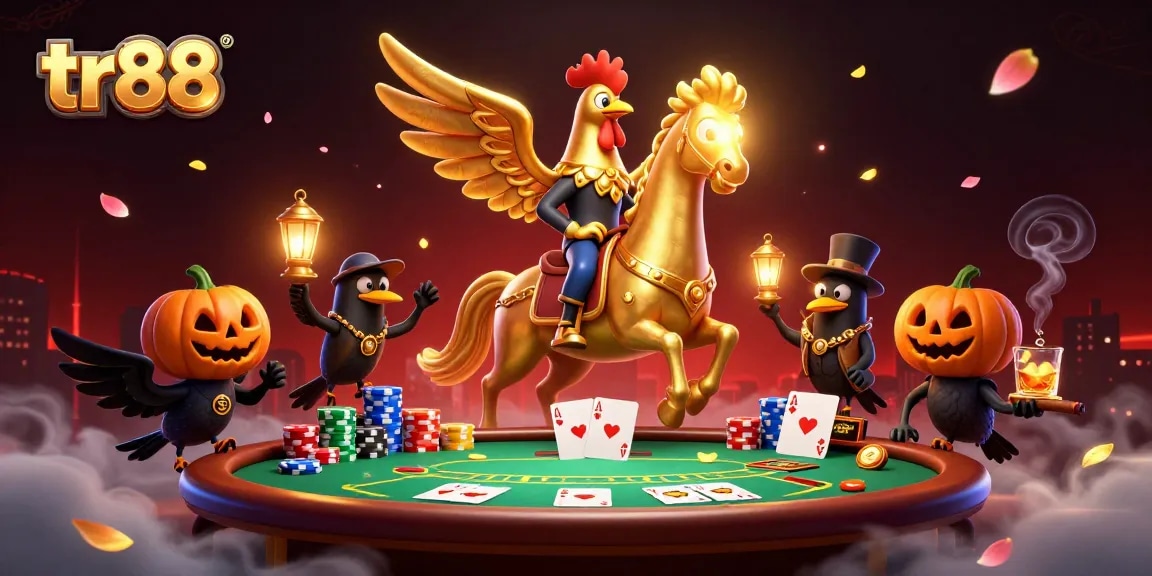 Experience the thrill of tr88 with a golden rooster headless horseman in a vibrant casino scene.