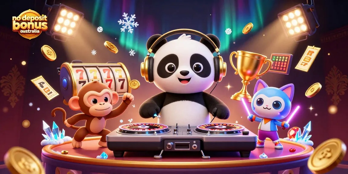Experience the excitement of no deposit bonus australia with a lively DJ panda and dancing characters.