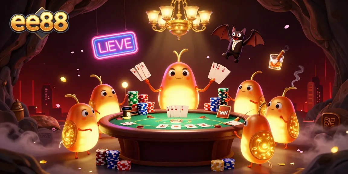 ee88 gamblers enjoying a vibrant 3D casino illustration filled with glowing glowworms and poker elements.