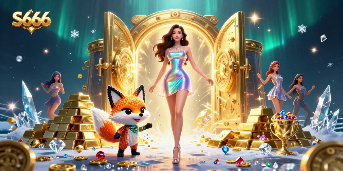 S666 game enthusiasts experience thrilling wins as a dazzling woman and pixel fox celebrate in a golden treasure vault.