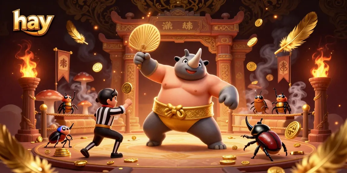 Experience the excitement of winning at hay with a dynamic beetle sumo wrestling scene filled with golden coins.