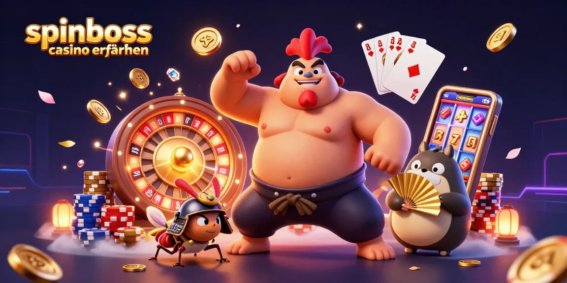 Spinboss Casino Erfahrungen: Dynamische Illustration mit einem Sumo-Kämpfer und einem Samurai-Käfer in einem Casino-Setting.