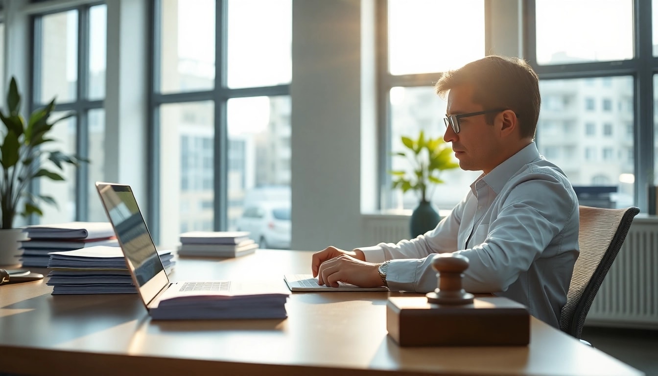 Zertifizierter Übersetzer (beeidigter Übersetzer) arbeitet an offiziellen Dokumenten in einem modernen Büro.