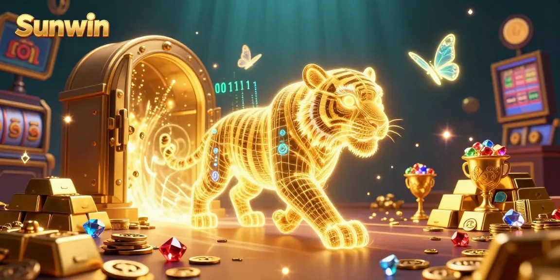Sunwin dazzles with a vibrant casino scene featuring a neon tiger amidst jackpots and treasures.
