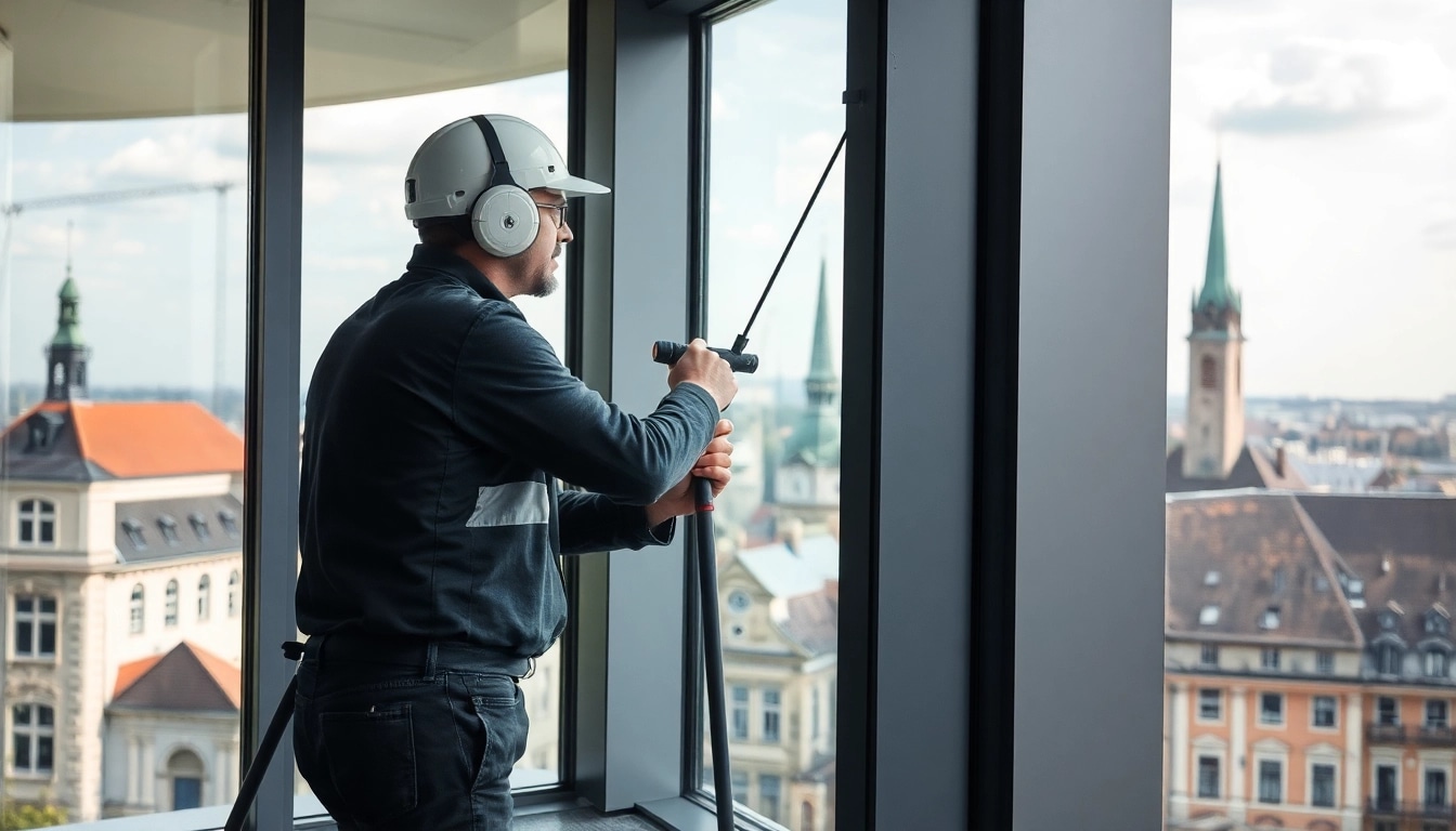 Gebäudereiniger Münster bei der professionellen Fensterreinigung eines Bürogebäudes in der Stadt.