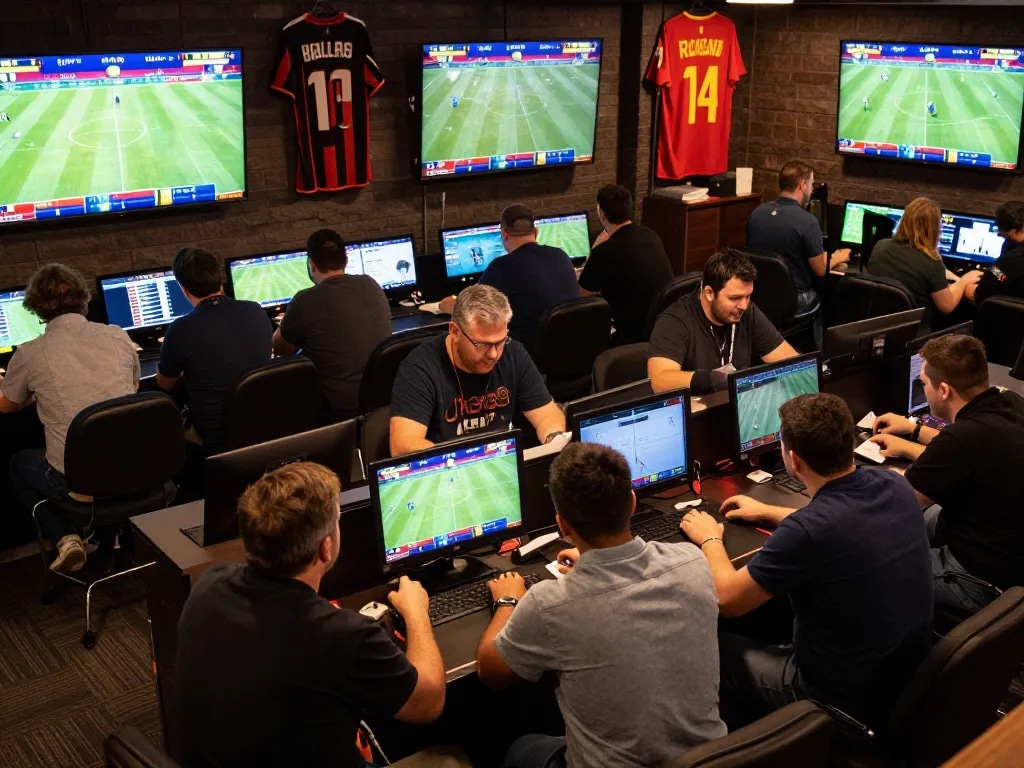 Engaged bettors strategizing on King88 sports betting platform amid live game excitement.