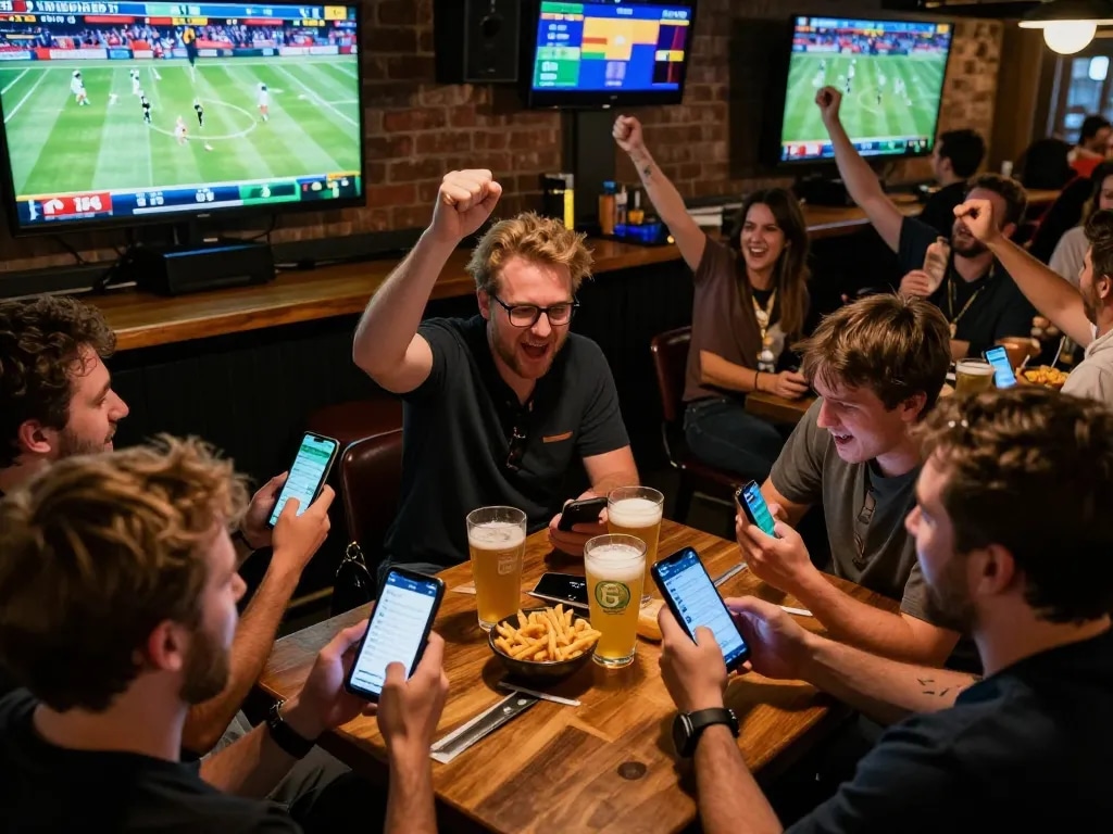 Fans engaging in thrilling sports betting using keonhacai tv apps during an exciting event.