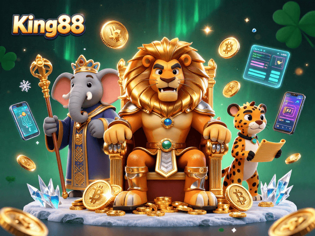 Join the excitement of King88 with a fierce lion king, elephant advisor, and cheetah messenger in a vibrant casino scene.