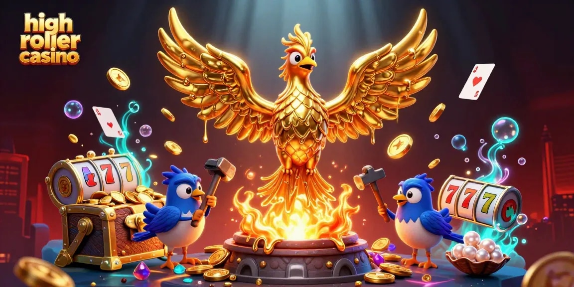 Engage in the thrilling world of high roller casino games with a molten phoenix and dynamic gold elements.