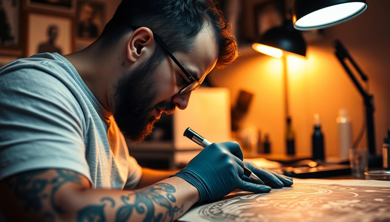 Handwerk in einem Tattoo Studio München: Ein Tätowierer erstellt ein detailliertes Tattoo mit präziser Technik.