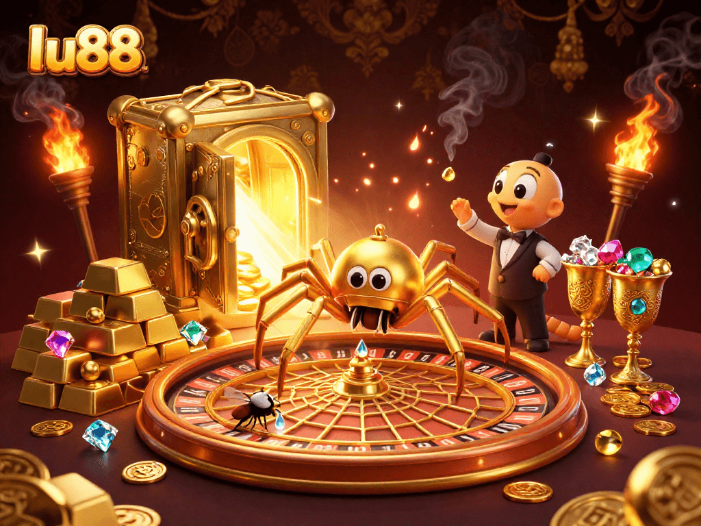 Bet on the lu88 roulette wheel with a golden web, featuring treasures and gems around the characters.