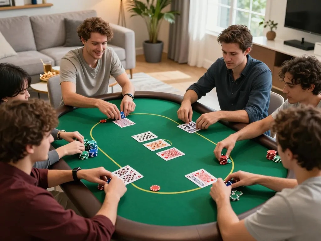 Players enjoying a lively poker game at home, enhancing their MB66 experience through strategic gameplay and social interaction.