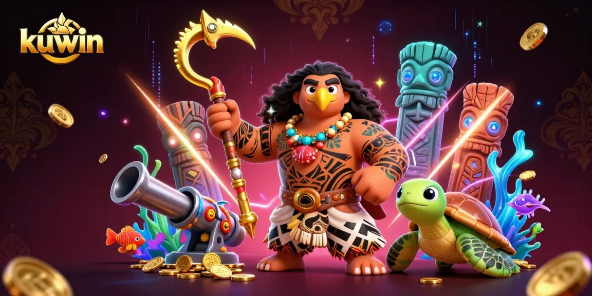 Kuwin brings together a dynamic Polynesian demigod and a cute turtle among rich underwater gambling elements in a vibrant 3D illustration.