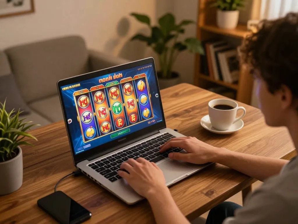 Engaging gameplay of nổ hũ on a laptop in a cozy home setting with vibrant slot reels.