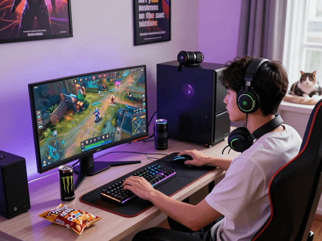Gamer engaged in a competitive rokok88 match at a vibrant gaming setup, complete with RGB lighting and snacks.