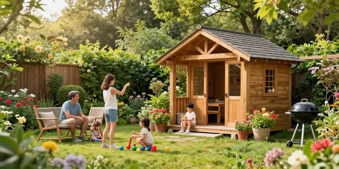 Gartenhäuser aus Holz umgeben von Blumen, Familie genießt den Garten.