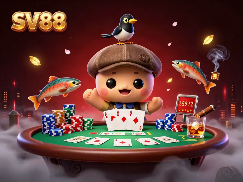 Engage with SV88's playful gambling scene featuring Nessie and friends around a poker table.